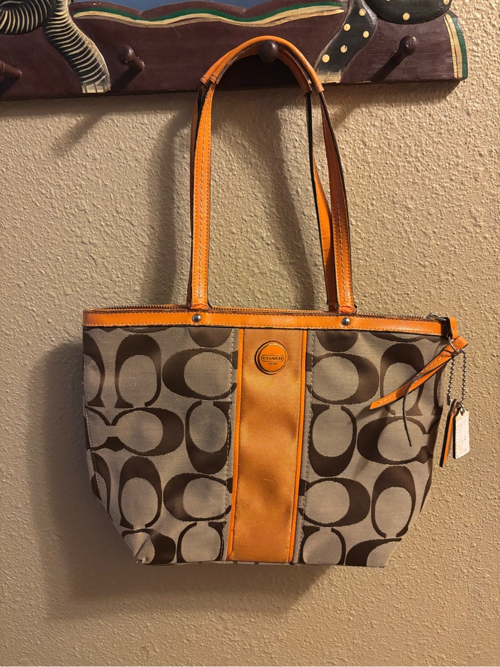Coach Brown Signature Canvas Tote with Orange Trim and Center Panel